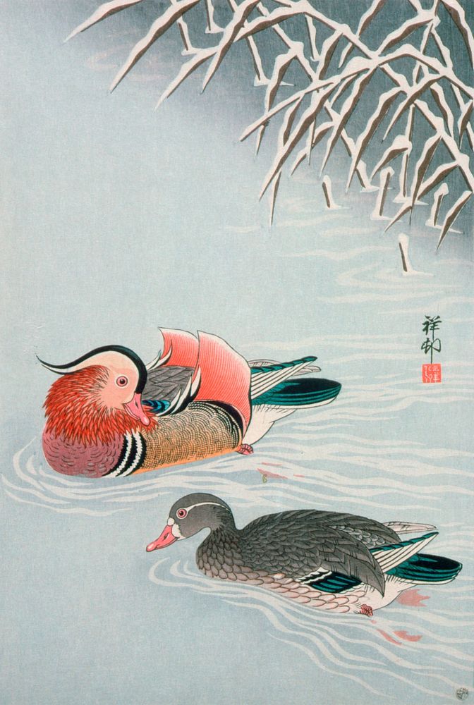 Mandarin Ducks and Snow by Ohara Shoson