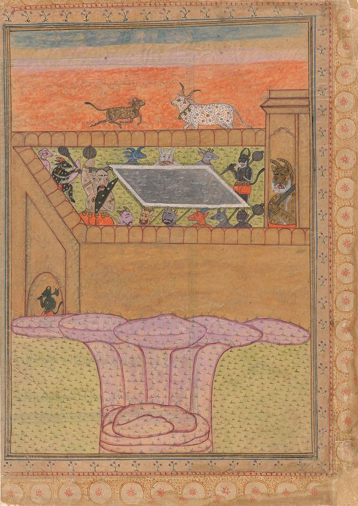 Scene with Bovines and Demons (verso), Page of Calligraphy (recto), Folio from a Bhagavata Purana (Ancient Stories of the…