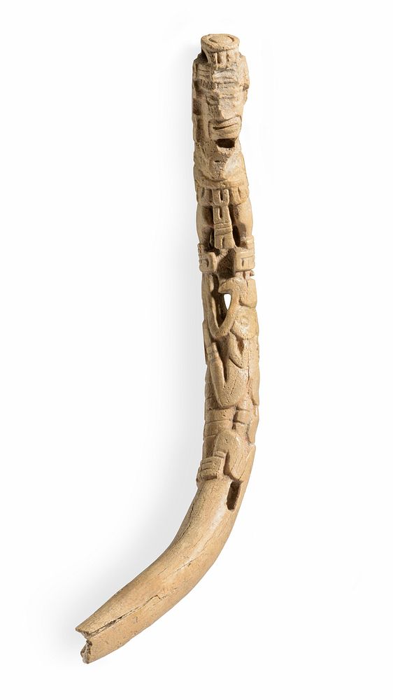Carved Manatee Rib with Figure Emerging from Crocodile