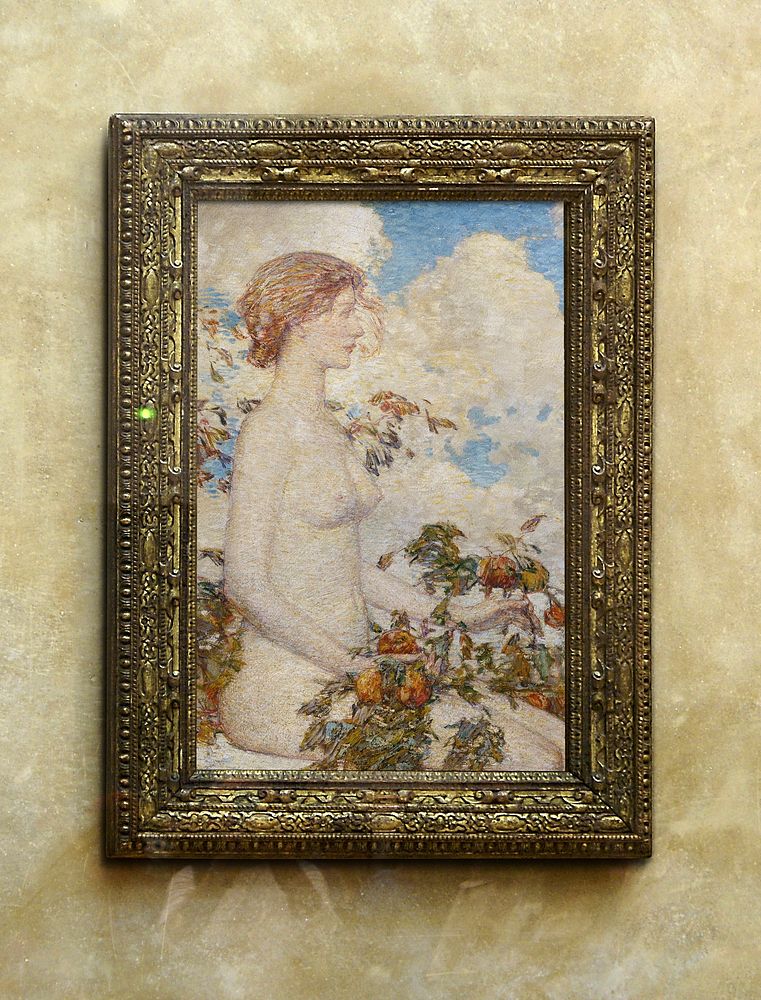 Picture frame mockup, Pomona painting by Frederick Childe Hassam psd. Remixed by rawpixel.