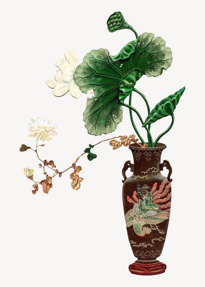 Decorative Japanese vase, botanical  by G.A. Audsley-Japanese illustration. Remixed by rawpixel.
