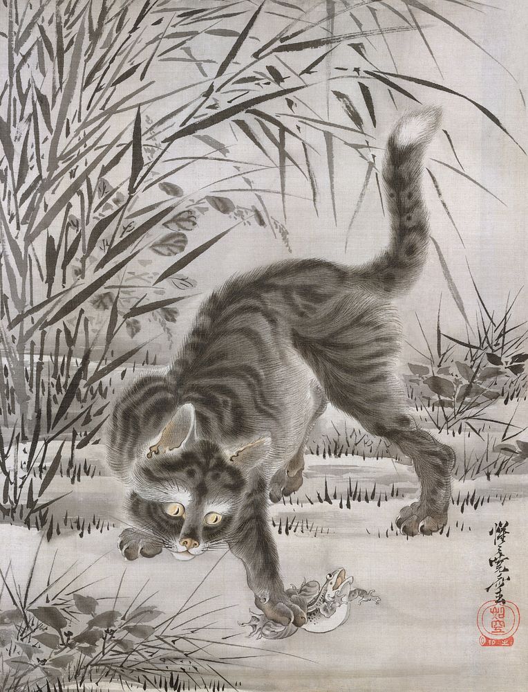 Cat Catching a Frog (1887) Japnese ukiyo-e art by Kawanabe Kyosai. Original public domain image from The MET Museum.…