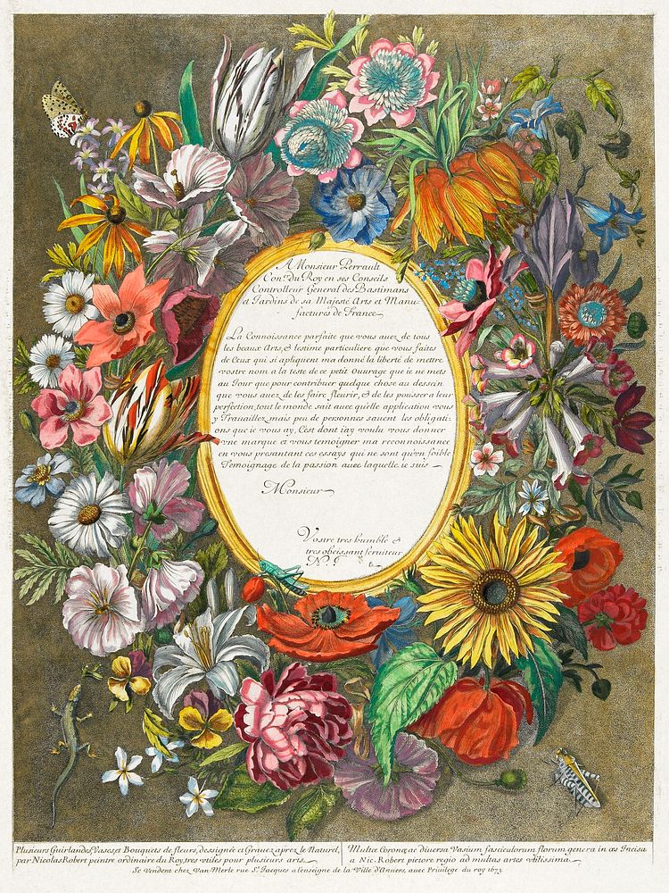 Frontipiece and Title Page from Plusiers Guirlandes, Vases et Bouquets de Fleurs (1673) chromolithograph by Nicholas Robert.…