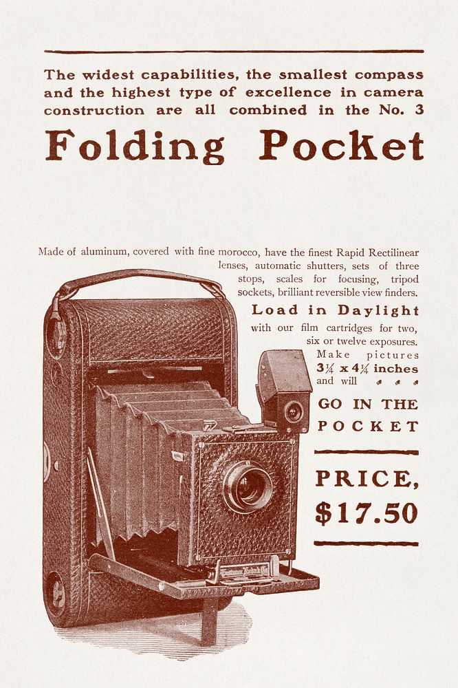 Advertisement for Kodak Folding Pocket Camera (1900) chromolithograph by Eastman Kodak Co., Rochester, NY. Original public…