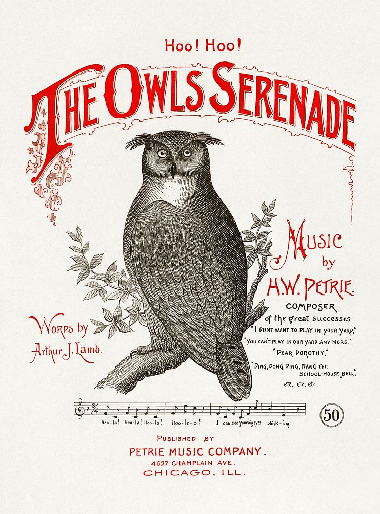 The Owls Serenade (1894) chromolithograph by Petrie Music Co, Chicago. Original public domain image from Wikipedia.…