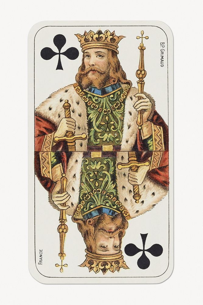 French tarot deck, "Tarot nouveau" style: king of clubs (1898) chromolithograph by Baptiste-Paul Grimaud. Original public…