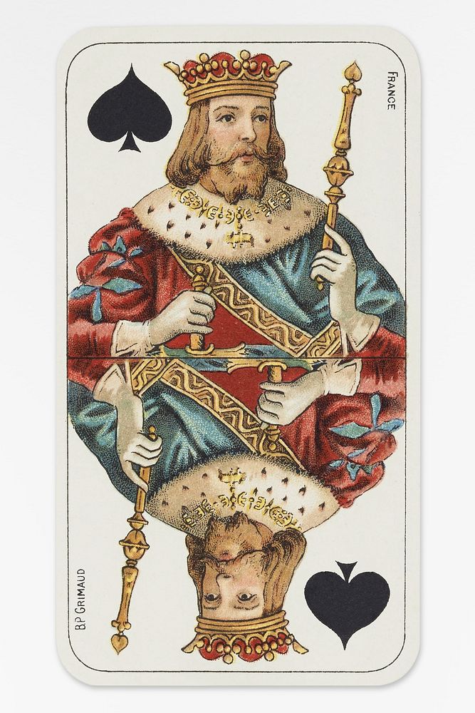 French tarot deck, "Tarot nouveau" style: king of spades (1898) chromolithograph by Baptiste-Paul Grimaud. Original public…
