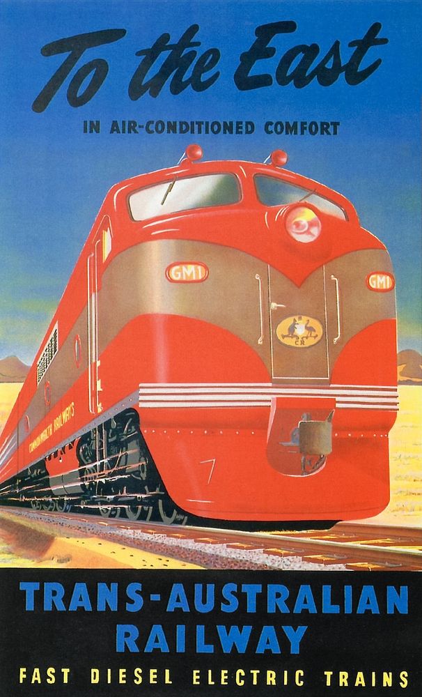 Commonwealth Railways poster -- To the east in air-conditioned comfort (Trans-Australian Railway) (1951) chromolithograph.…