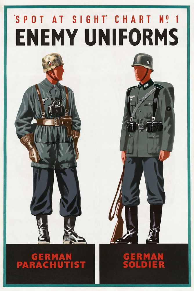 WWII Spot at Sight Chart -1 Enemy Uniforms German Parachutist German Soldier Poster London (1941) chromolithograph. Original…