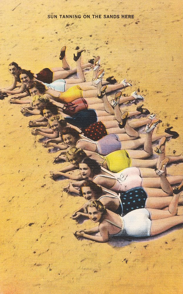 Sun tanning on the sands here (1930&ndash;1945), vintage postcard illustration. Original public domain image from Digital…