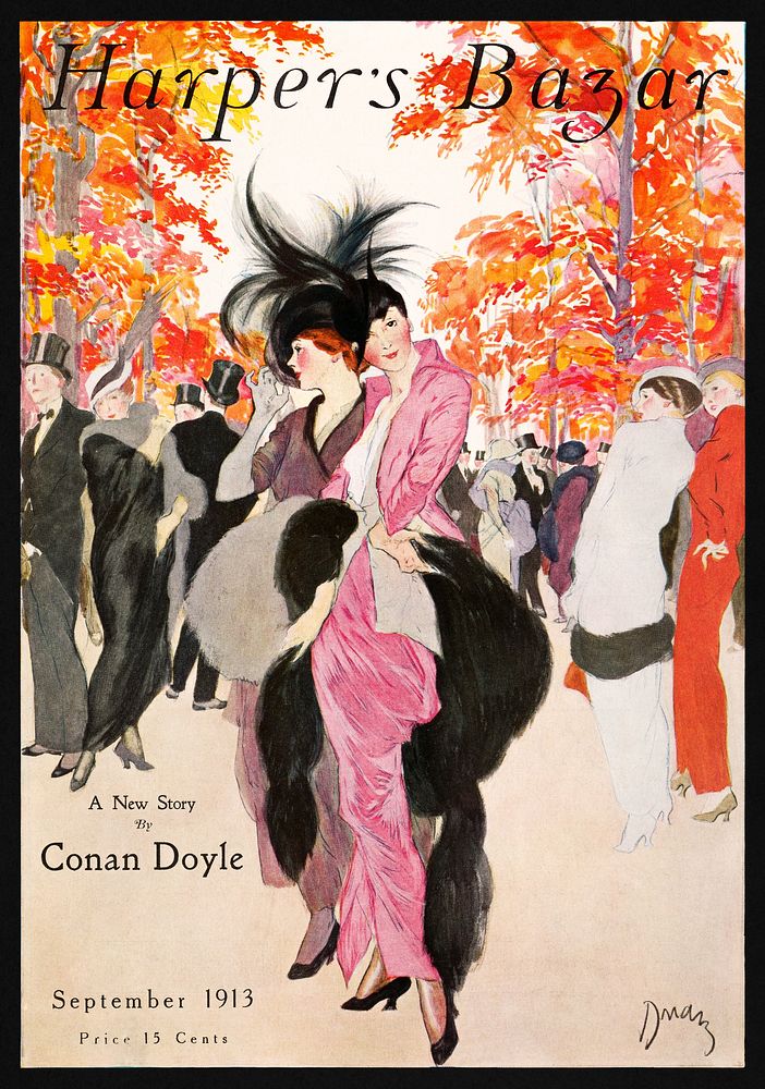 Harper's Bazaar (1913), vintage fashion magazine cover illustration by Etienne Drian. Original public domain image from the…