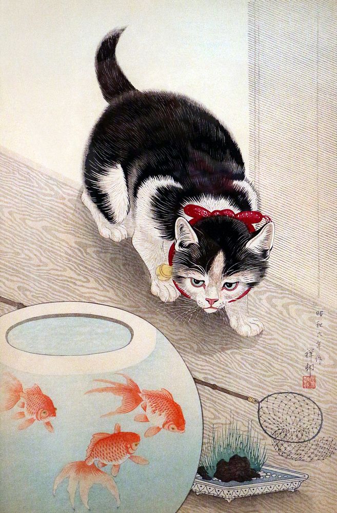 Ohara koson's Cat and goldfish bowl (1933), vintage animal illustration. Original public domain image from Wikimedia…