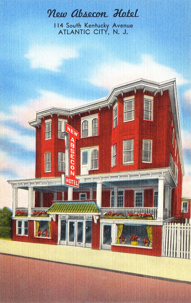 New Absecon Hotel, 114 South Kentucky Avenue, Atlantic City, N.J. (1930–1945) chromolithograph art. Original public domain…