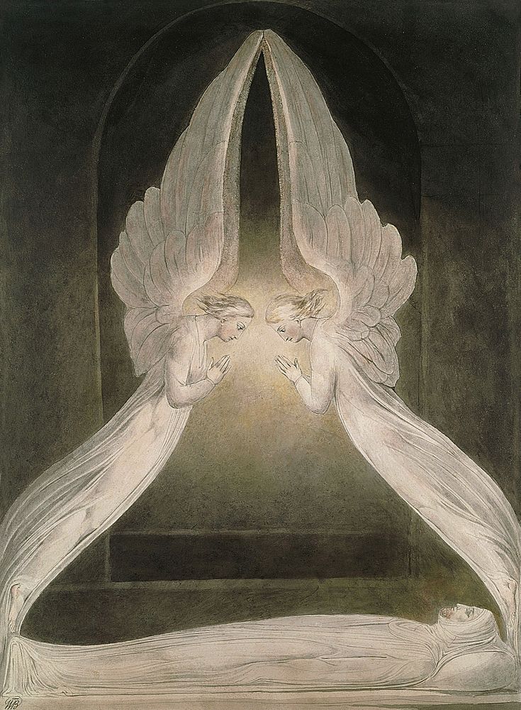 Christ in the Sepulchre, Guarded by Angels (1805) watercolor art by William Blake. Original public domain image from…