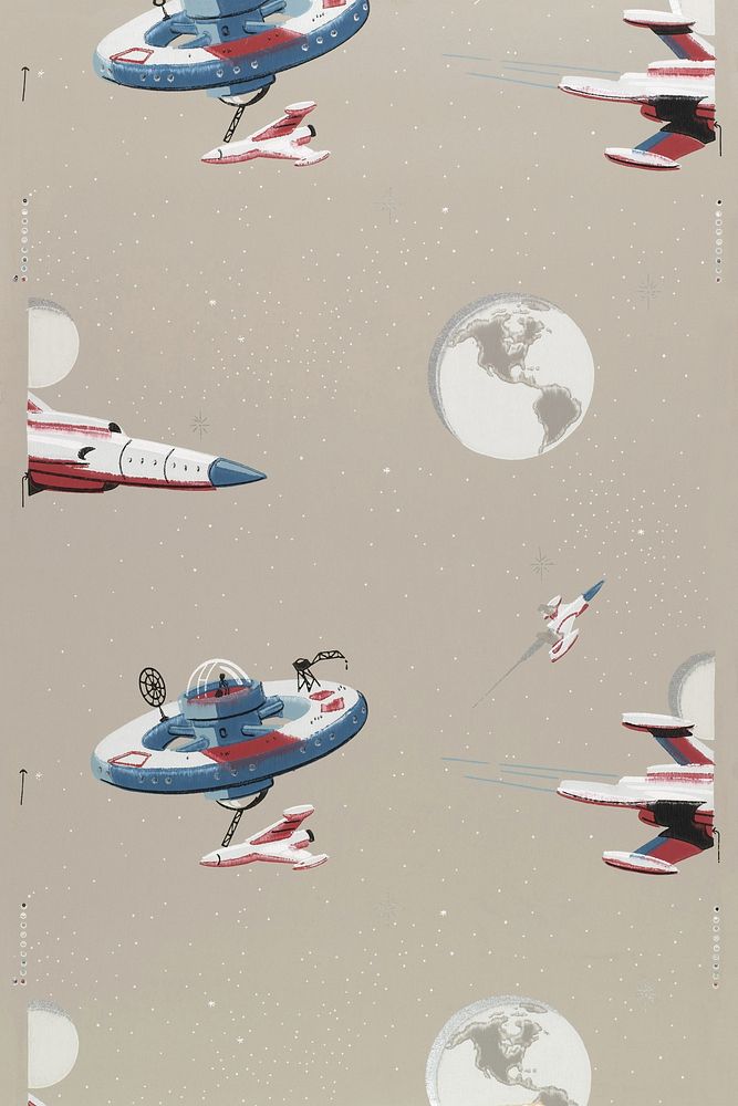 Wallpaper with space stations and rockets (1950) chromolithograph art. Original public domain image from Wikimedia Commons.…