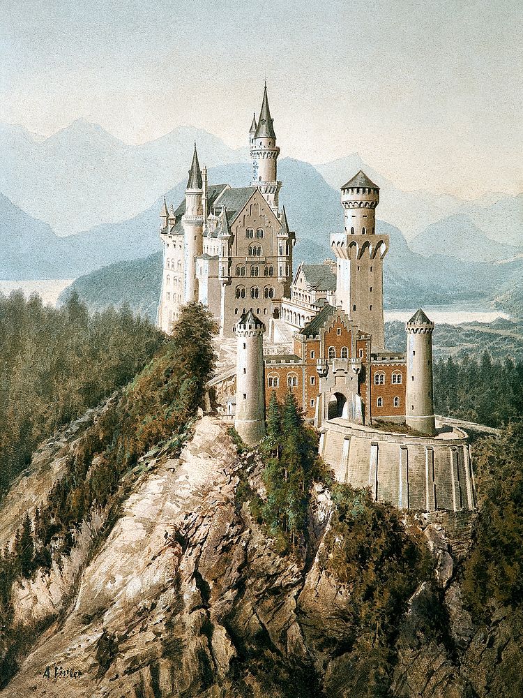 Schloss Neuschwanstein Castle in Upper Bavaria (1907) architecture watercolor art by Adolf Hitler. Original public domain…