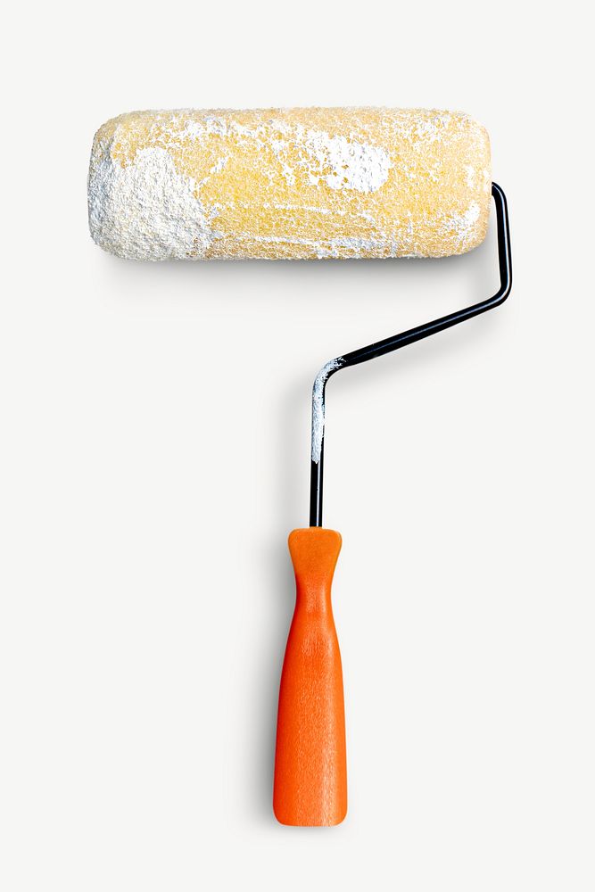 Paint roller on concrete wall collage element psd.