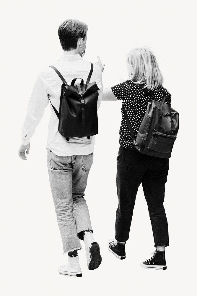 Couple sightseeing with backpacks in black & white