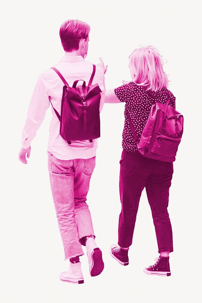 Pink couple sightseeing with backpacks