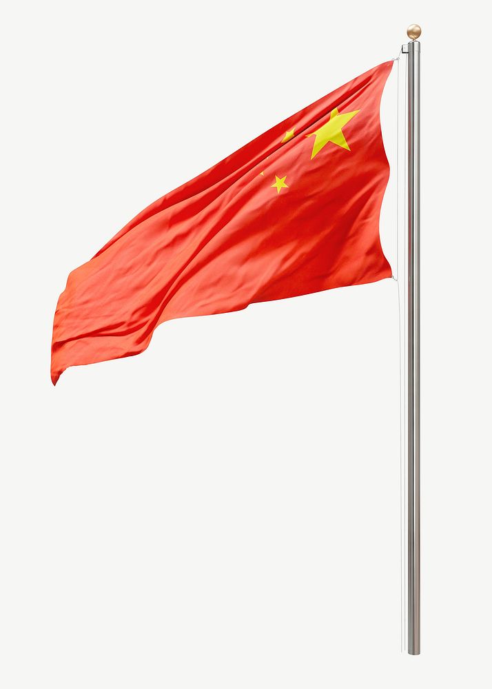 Chinese flag on pole collage element psd