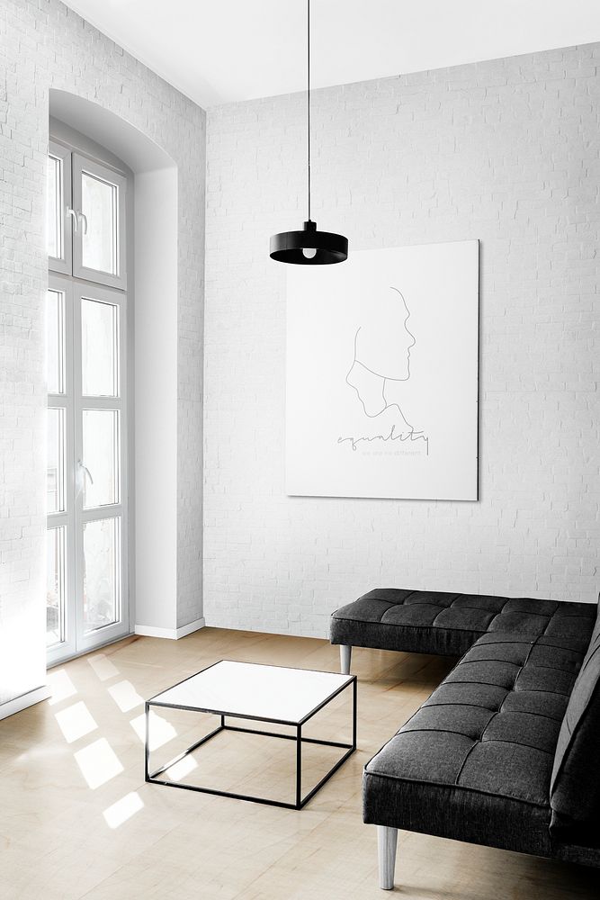 Living room mockup psd editable floor sofa wall and picture frame