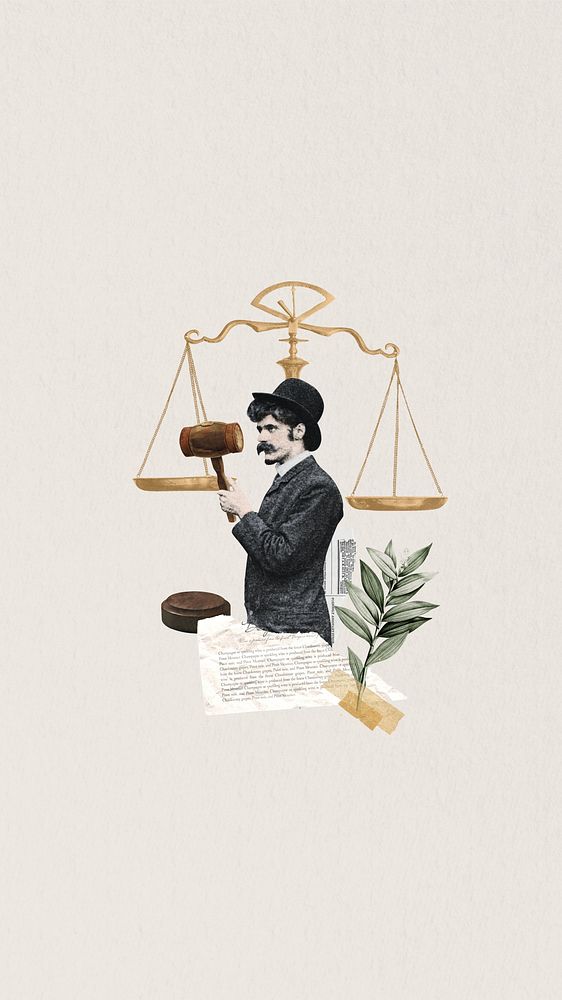 Scale of justice iPhone wallpaper, man holding gavel collage. Remixed by rawpixel.