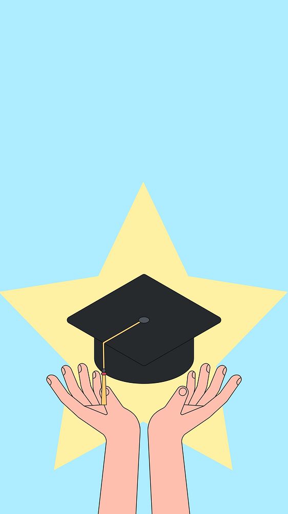 Hands presenting graduate cap iPhone wallpaper, education illustration