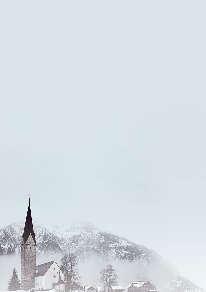 Countryside church background, snowing mountain