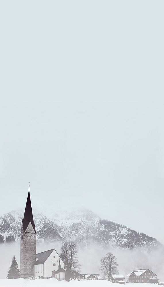 Countryside church iPhone wallpaper, snowing mountain