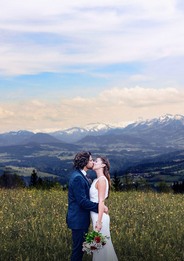 Groom & bride kissing, wedding and nature image