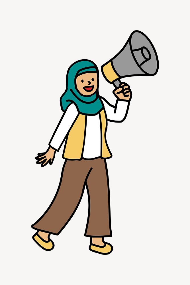 Muslim woman announcing on megaphone doodle collage element vector
