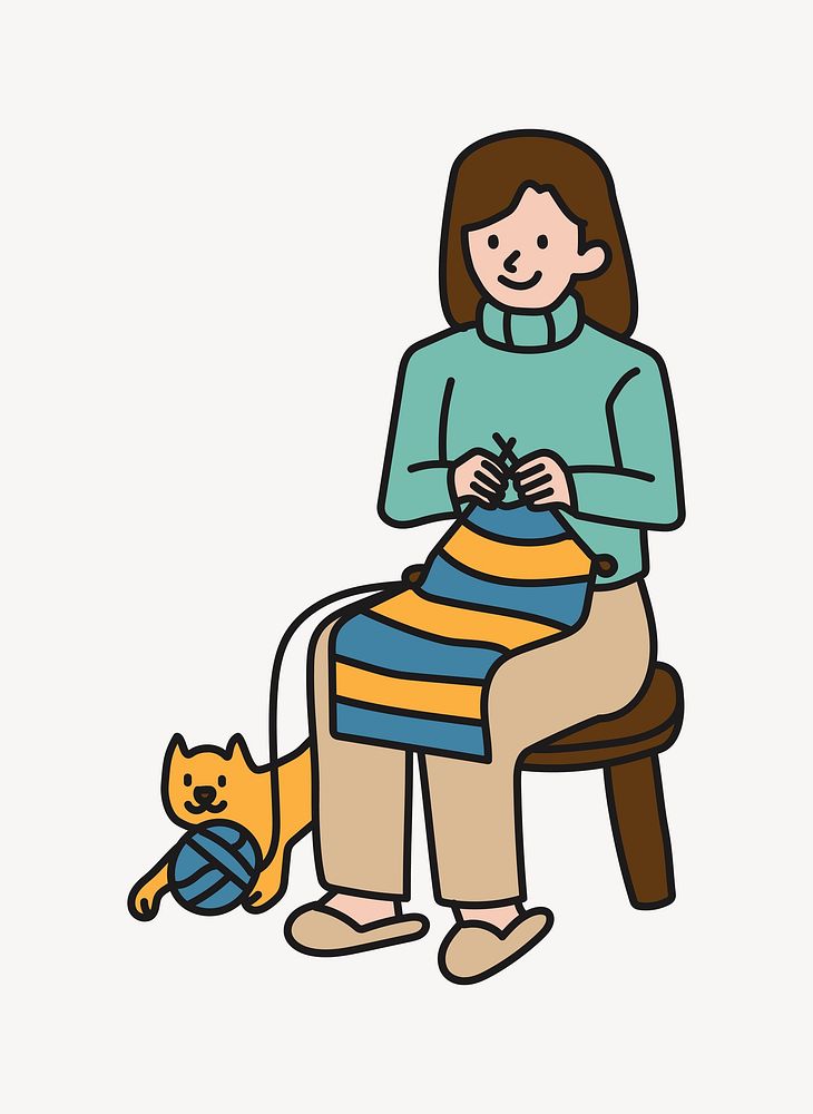 Woman crocheting with kitty doodle