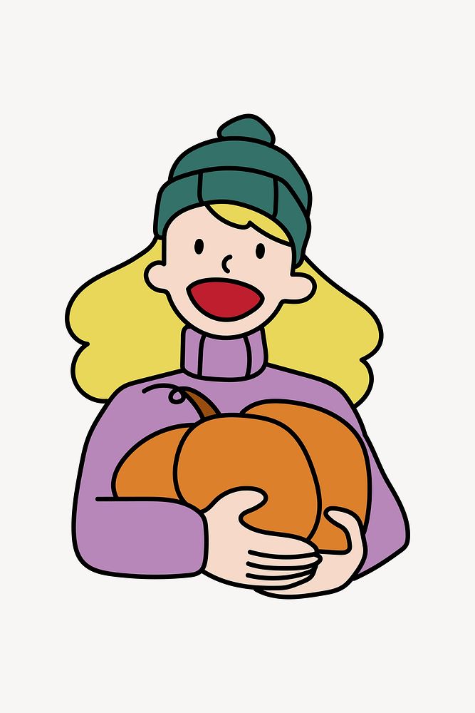 Woman holding pumpkin doodle collage element vector