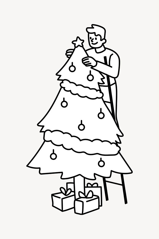 Man decorating Christmas tree doodle