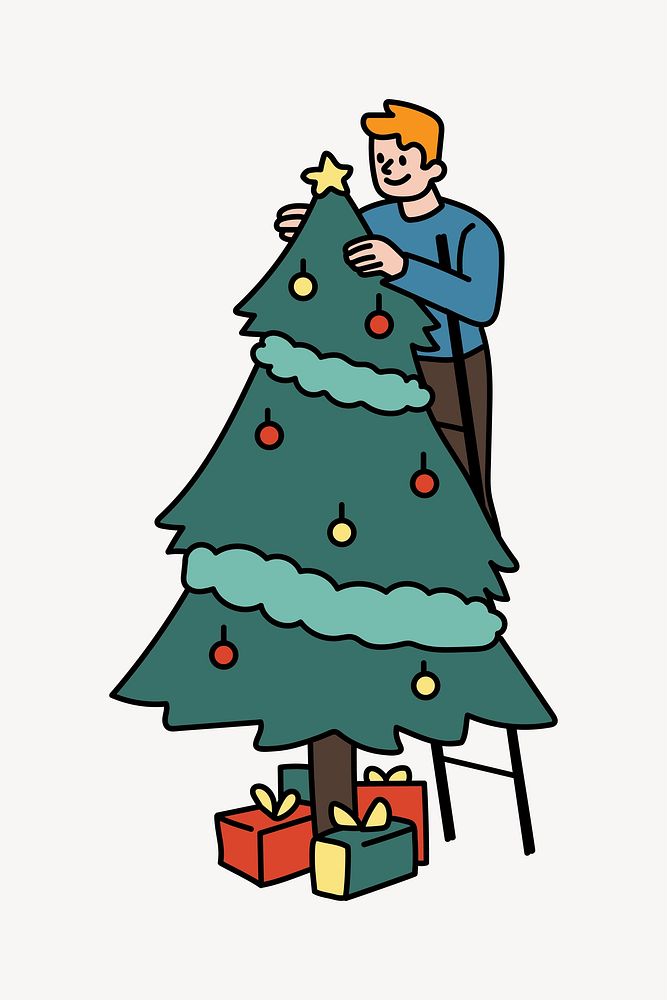 Man decorating Christmas tree doodle collage element vector