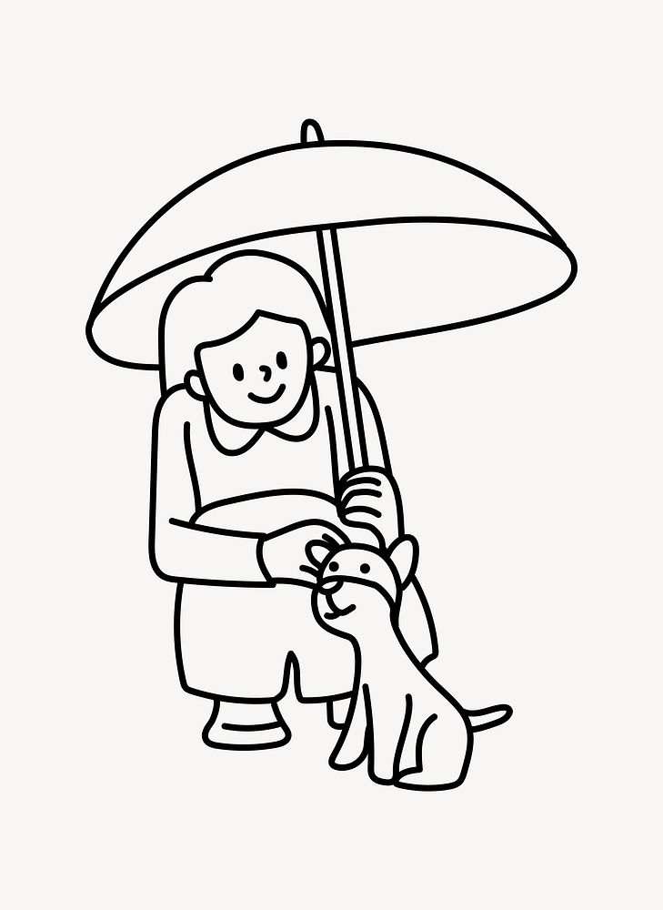 Girl with umbrella and dog doodle