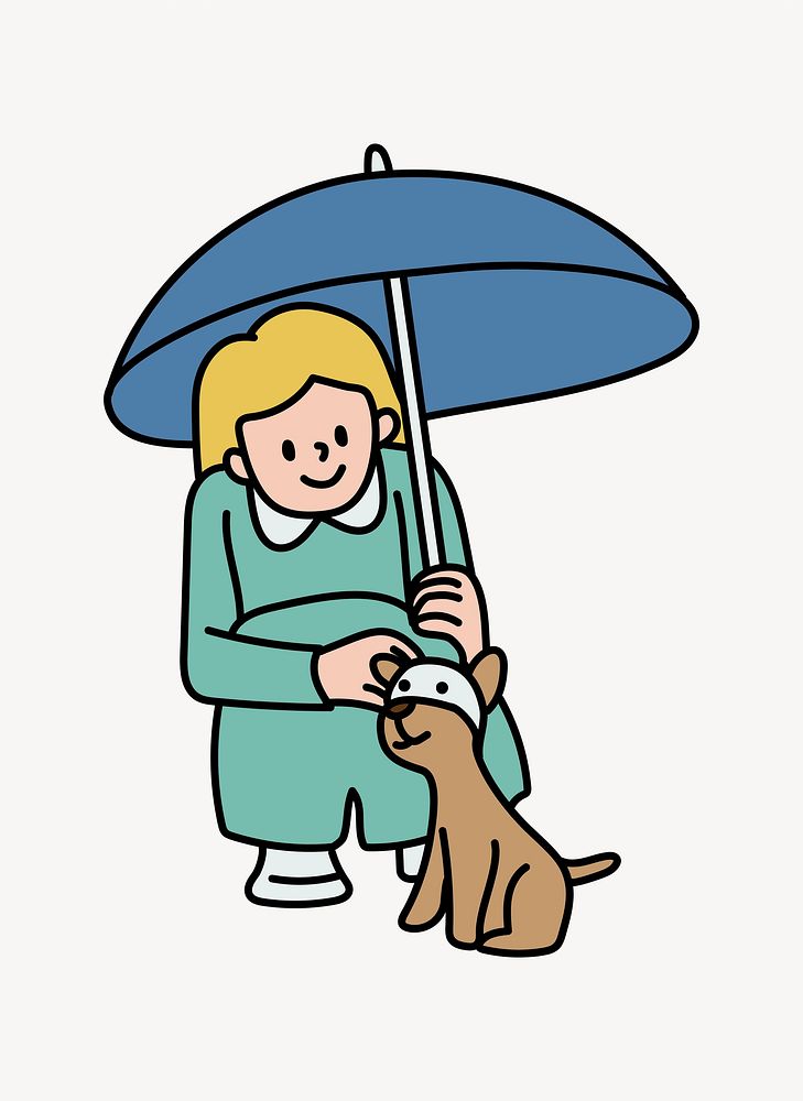 Girl with umbrella and dog doodle vector