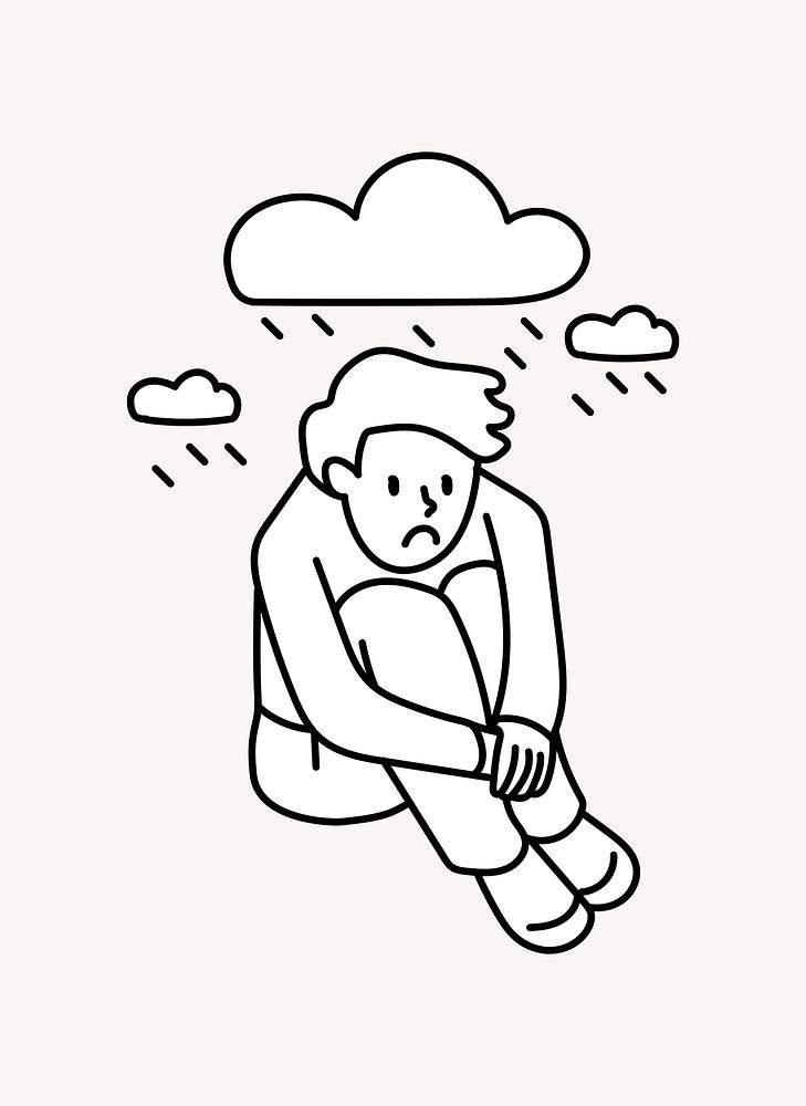 Man with depression raincloud doodle collage element vector