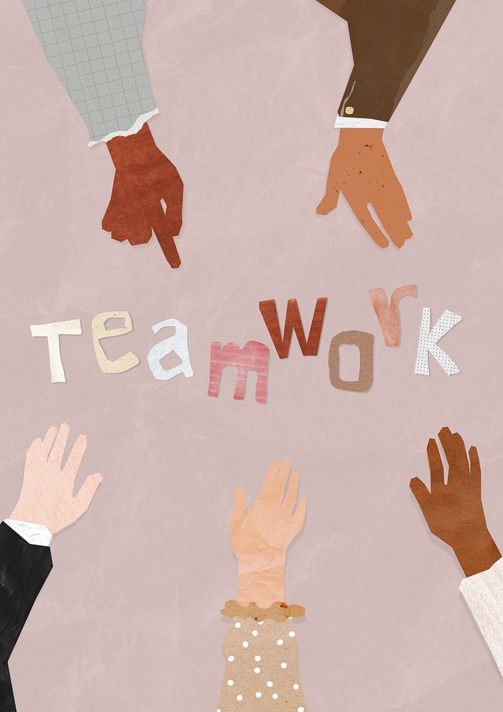 Teamwork word, paper diverse hands united collage