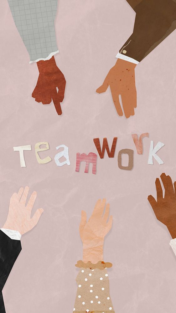 Teamwork word, paper diverse hands united collage