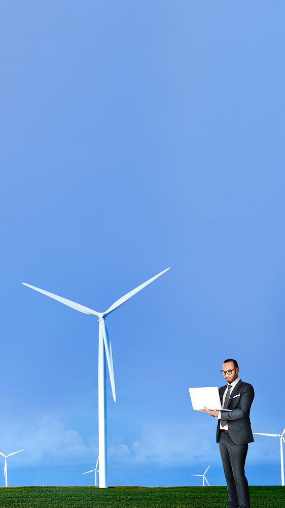 Wind turbine iPhone wallpaper, businessman using laptop image