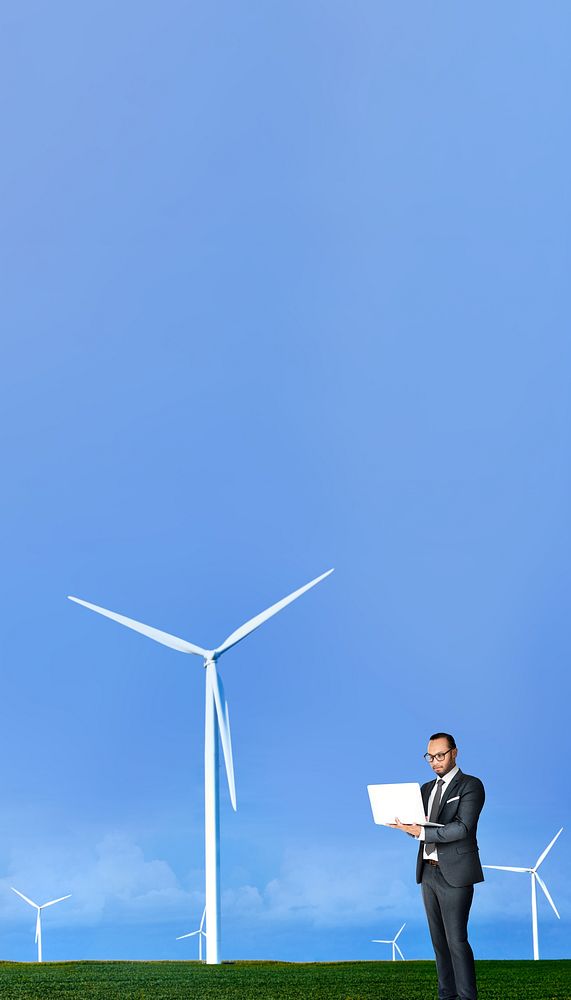 Wind turbine iPhone wallpaper, businessman using laptop image