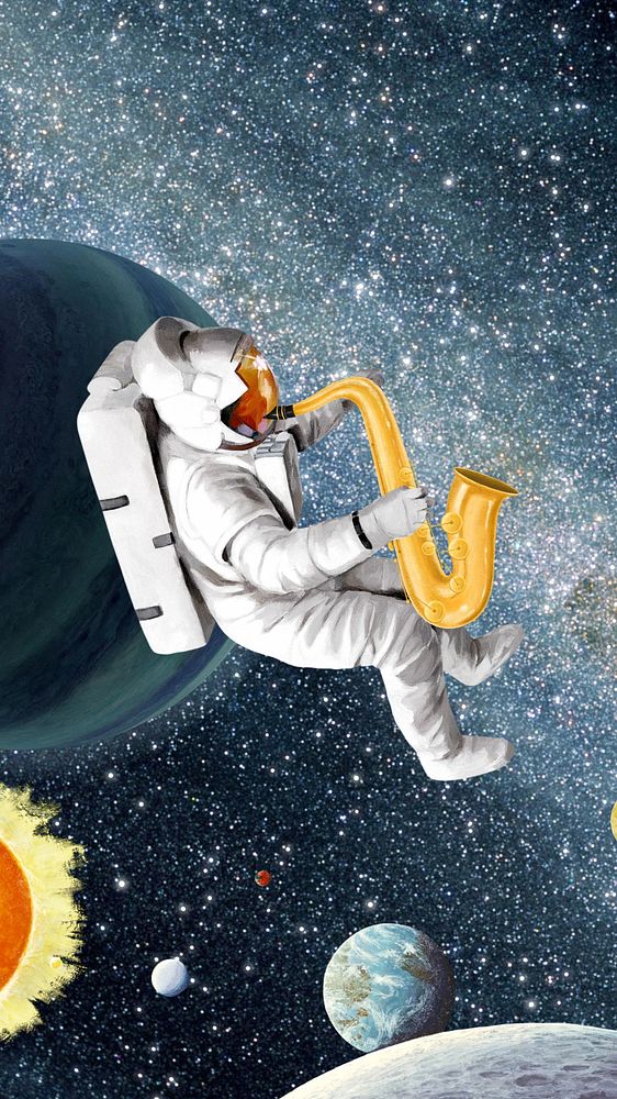 Astronaut playing saxophone iPhone wallpaper, outer space aesthetic