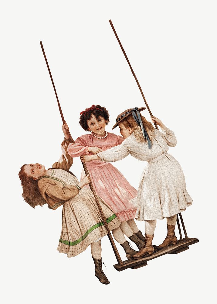 Little girls playing swing, vintage collage element psd