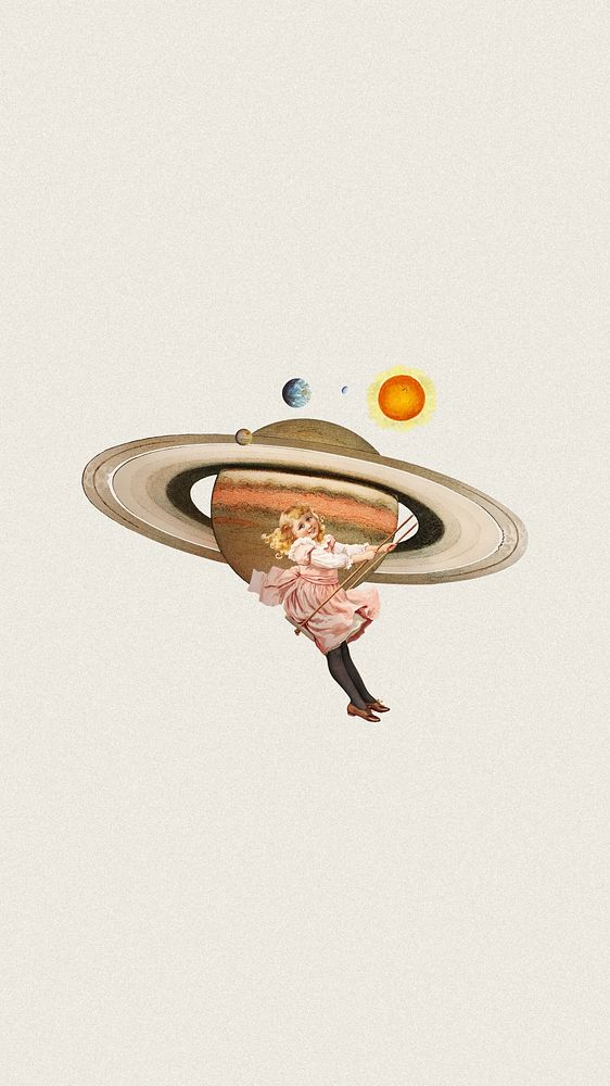 Little girl playing swing, space aesthetic remix