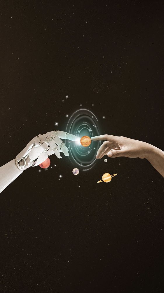 AI galaxy aesthetic, fingers touching remix