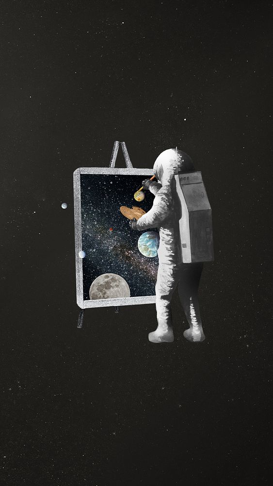Astronaut painting canvas, surreal galaxy remix