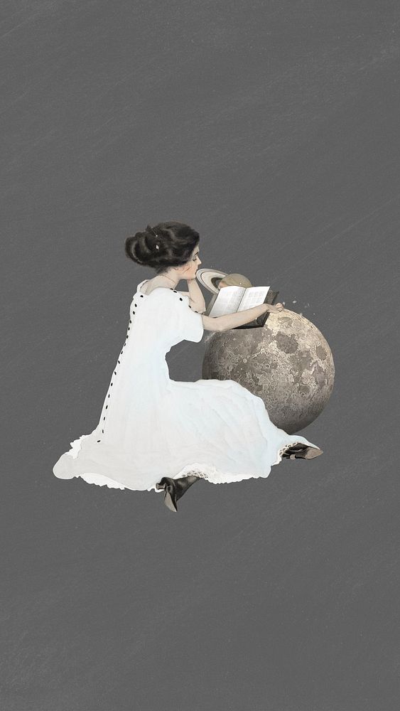 Girl reading on moon, surreal education remix