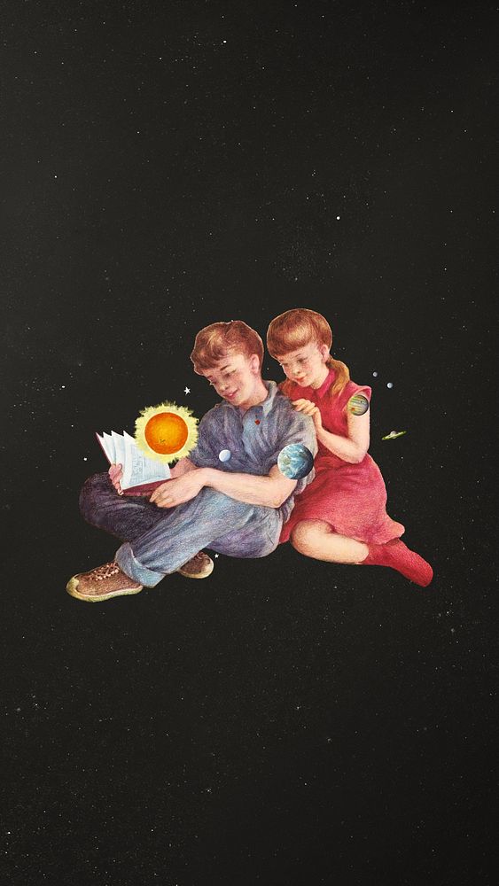 Kids reading book, space education remix