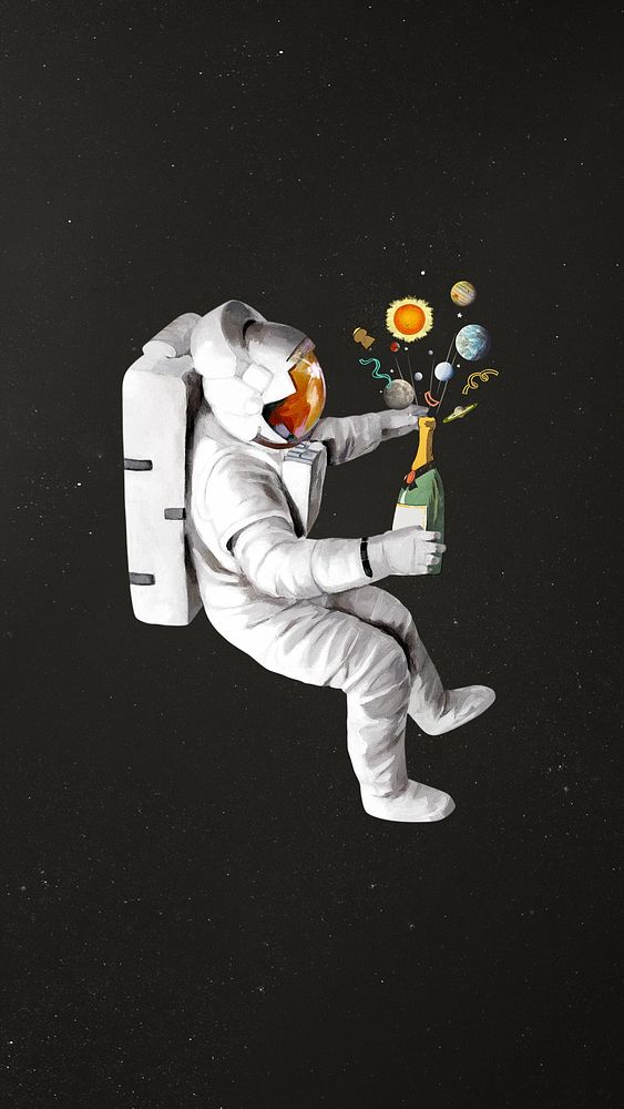 Astronaut holding champagne bottle